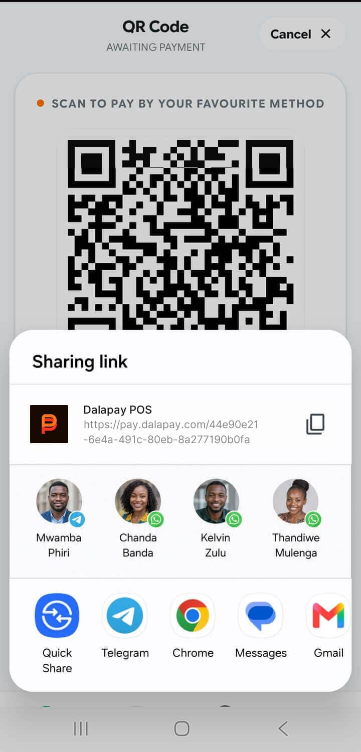 The app sharing a payment link
