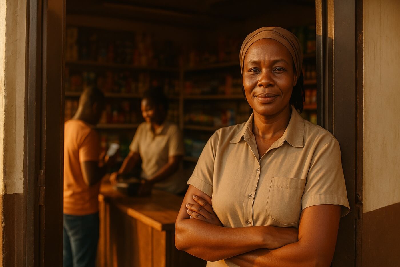 A shop owner standing in the doorway of her shop while her staff serve customers at the counter behind her