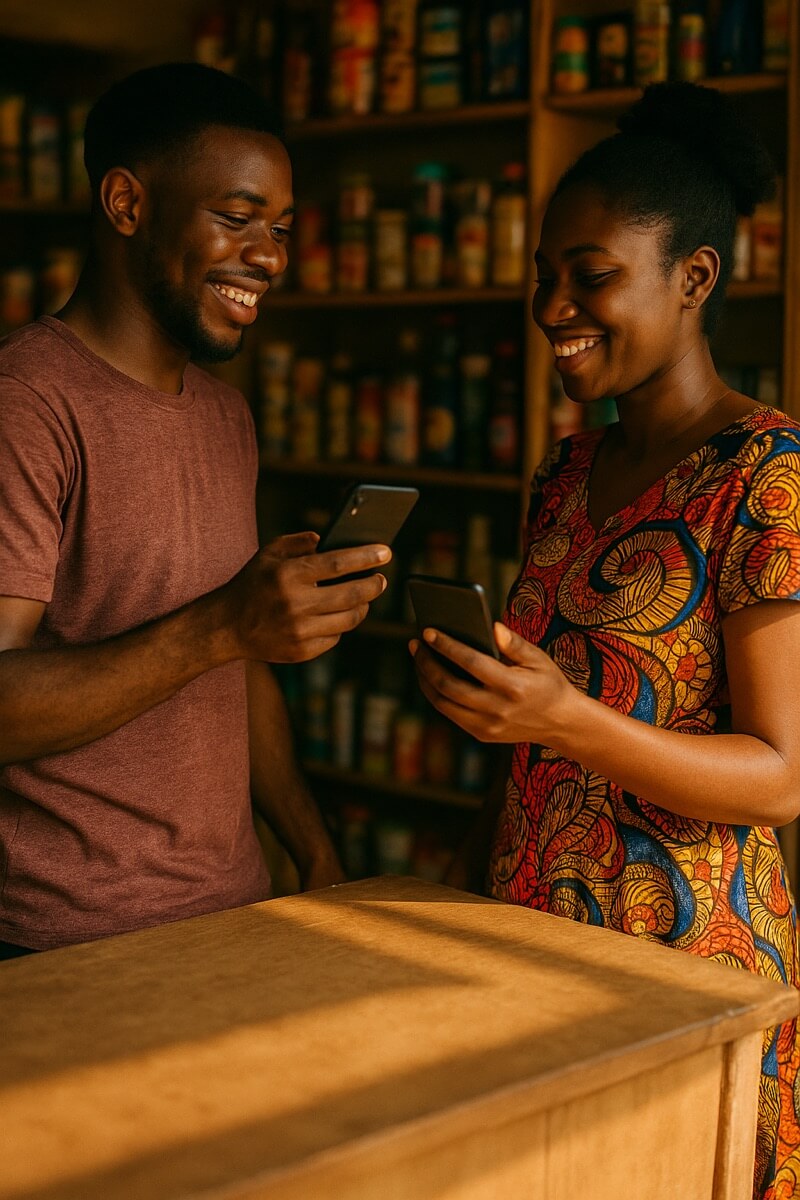 A shopkeeper and a customer smile at their phones across the counter as a payment goes through