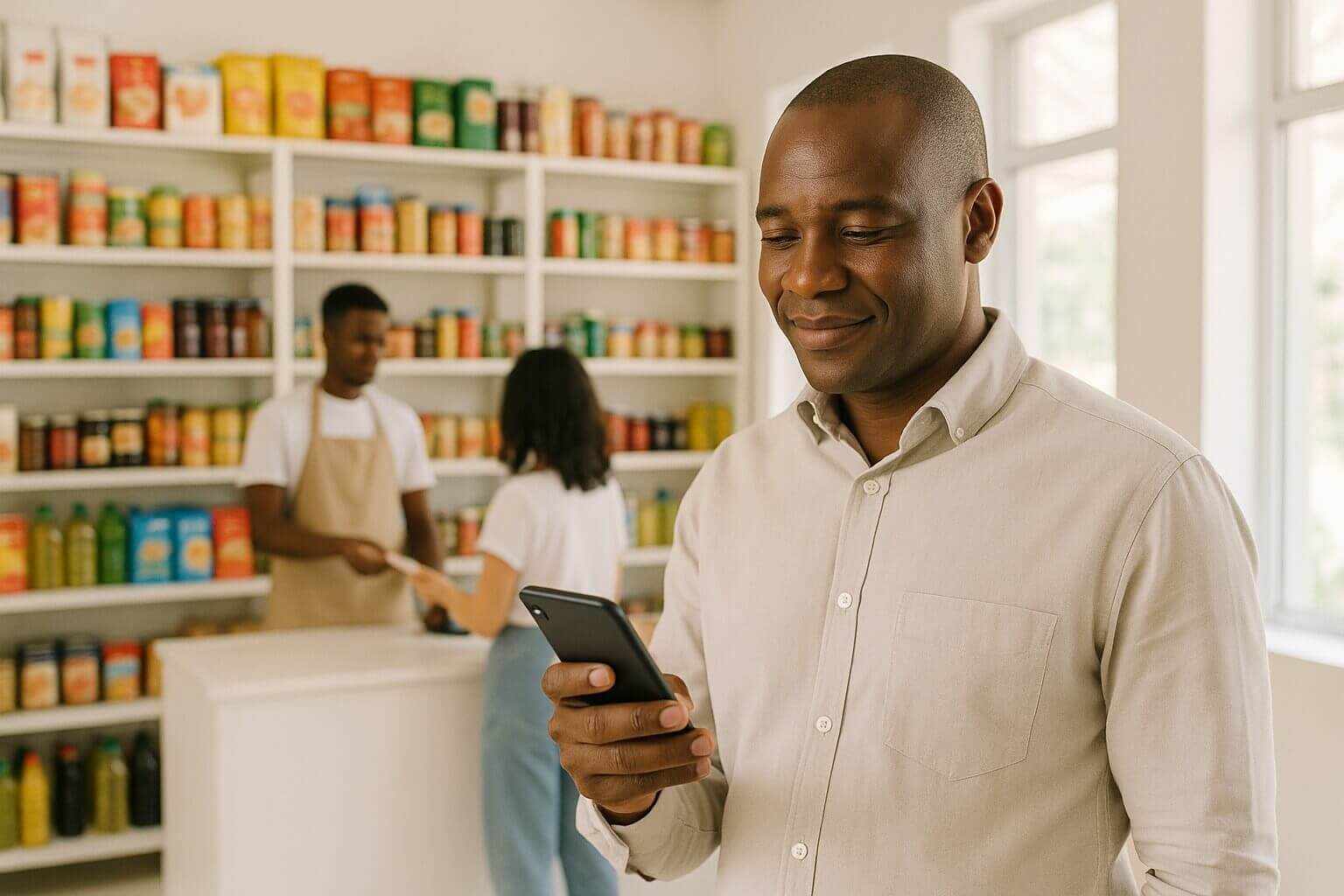 A shop owner checks an incoming payment on his phone while his cashier serves a customer at the counter